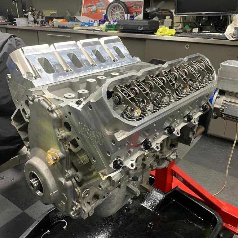 416ci LS stroker long block with Mast Motorsport cylinder heads on the stand at Sam's Performance, built ready for a Harrop 2650 blower