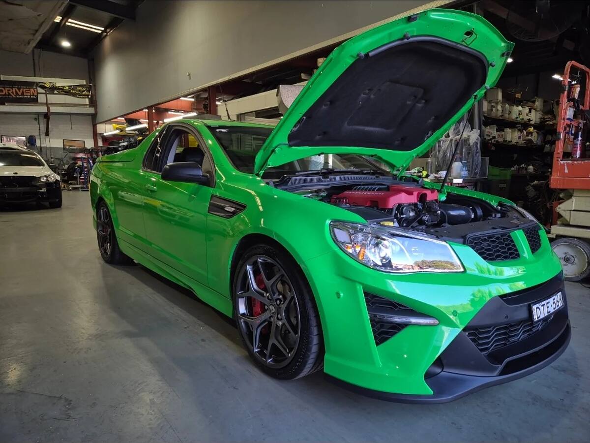 Green HSV GTSR Maloo ute in the Sam's Performance workshop, making 650+ rwhp