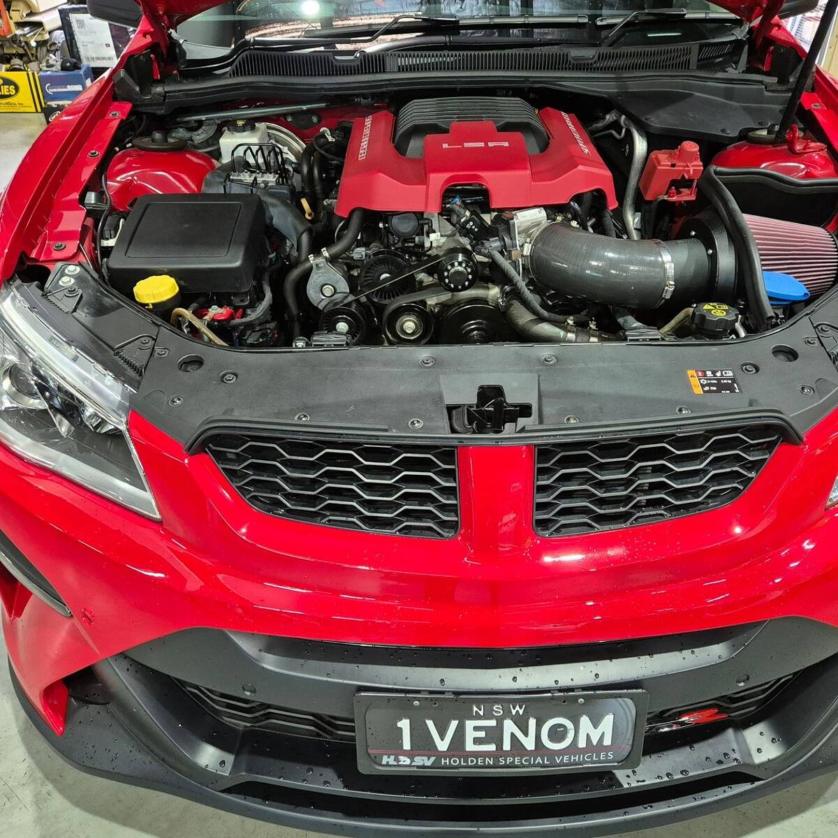 Supercharged engine bay of the red HSV GTSR "1 VENOM" with Harrop boosted pulleys