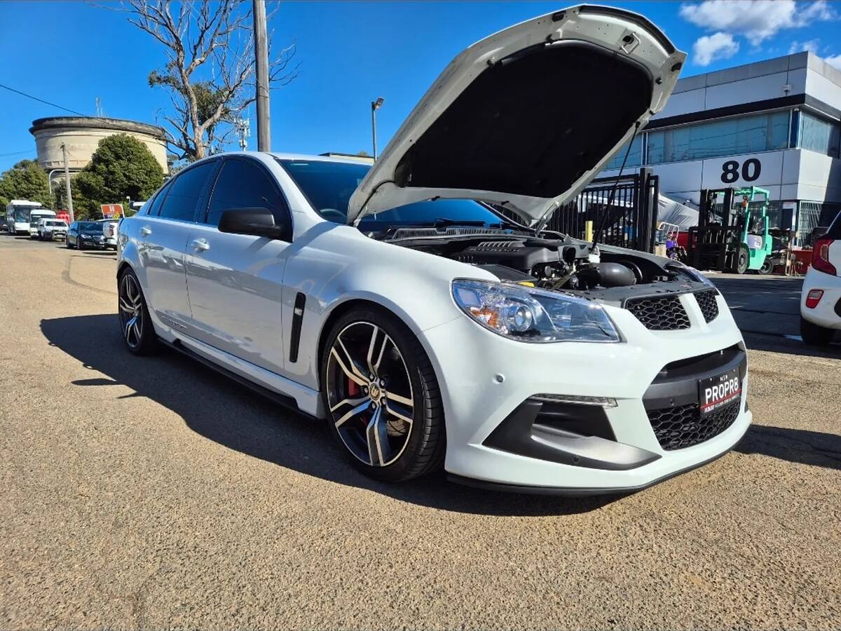 White HSV VF Clubsport making 670+ rwhp, parked outside the Sam's Performance workshop in Greenacre